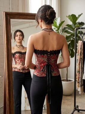 VTG Tesa Victorian Goth Vampire Steampunk Lace Trim Corset Laced Back